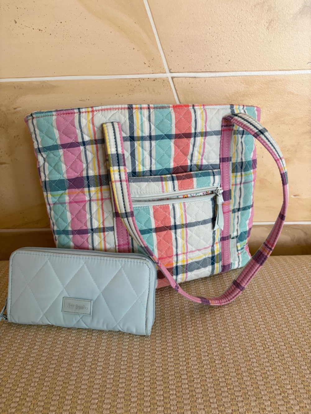 Vera Bradley Pastel Plaid Quilted Tote in Pink, Aqua, Coral and Yellow